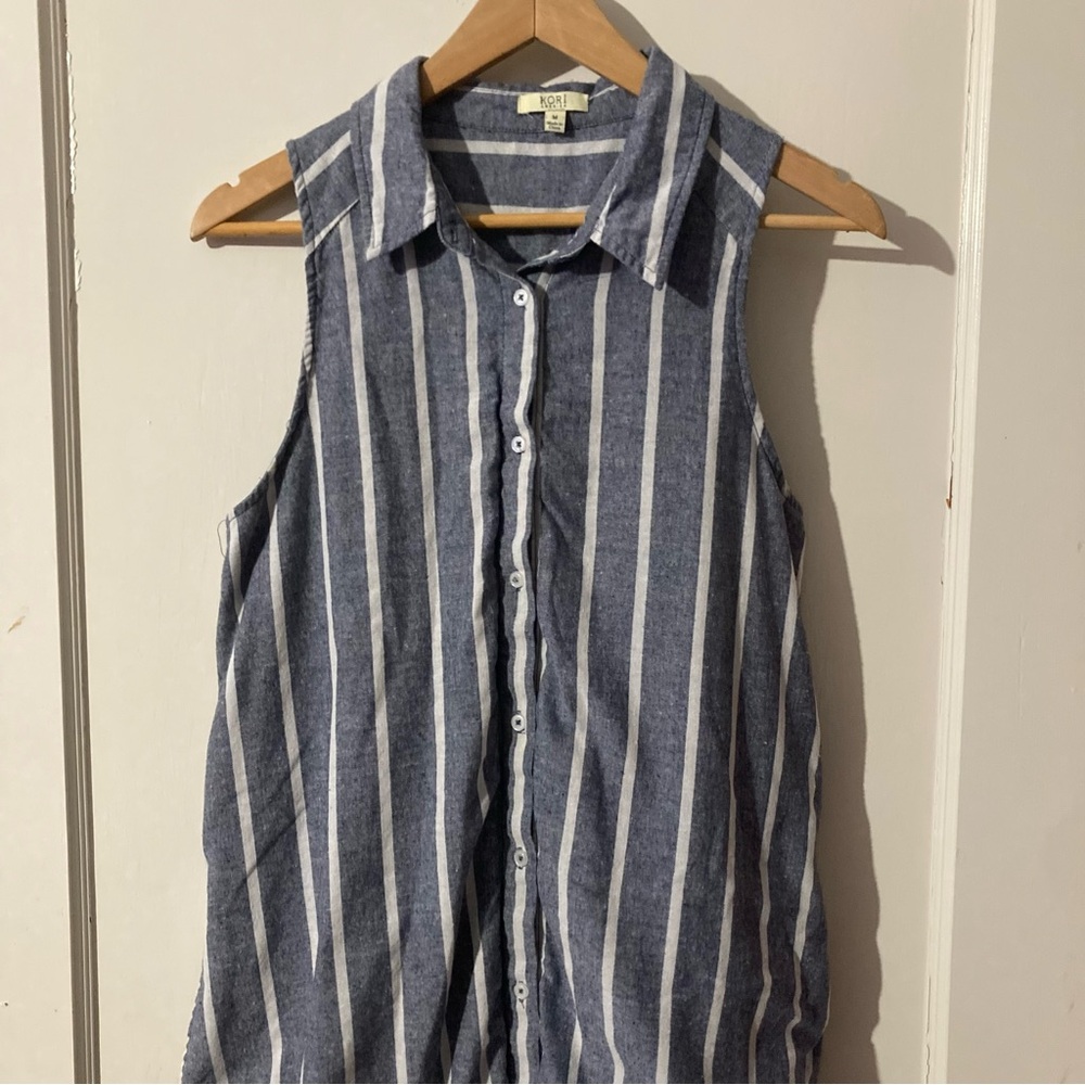 Kori 100% Cotton Gray and White Striped Sleeveless Button Down Duster Dress M